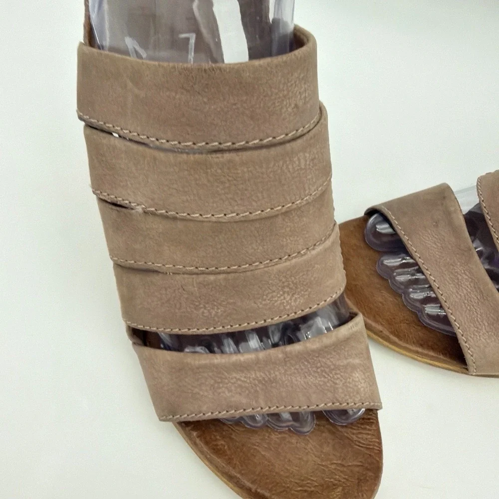 Miz Mooz Leather Slingback Wedge Sandals Open Toe Multi Strap Taupe EU 37